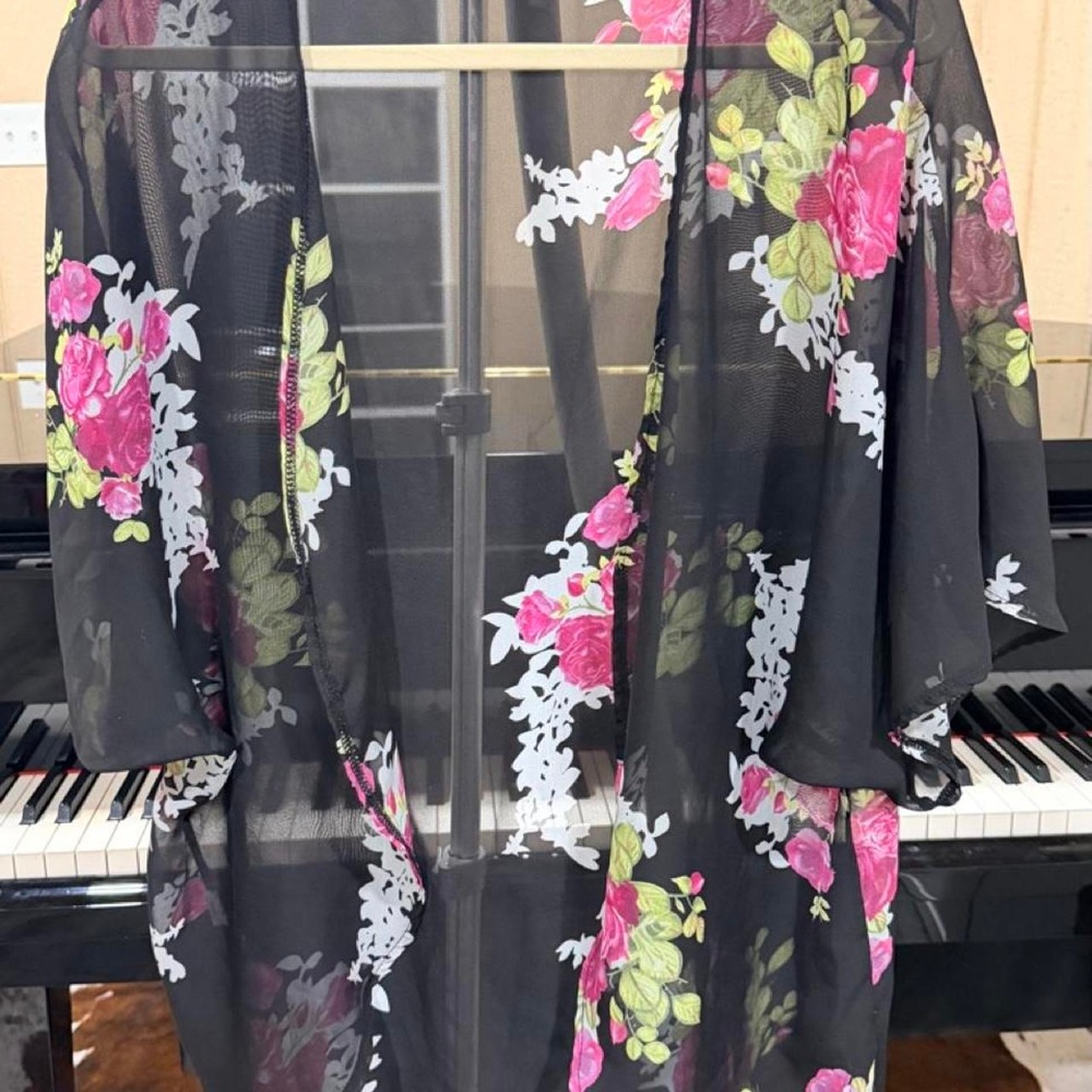 Womens Floral Kimono Cardigan Black Pink Sheer Mesh Open Front One Size OS